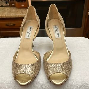 Jimmy Choo gold glitter Logan peep toe D’Orsay pump.  Size 41/10.